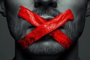 An image of a mans mouth sealed with bright red tape highlights the alarming suppression of free speech and symbolizes the ongoing struggle for the essential freedom of expression everyone deserves photo