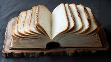 A stunning sculpture shaped like an open book has been crafted from bread, blending culinary artistry with surrealism, showcasing extraordinary creativity and exquisite craftsmanship in its design photo