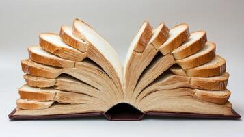 A whimsical display features an imaginative open book that is ingeniously crafted from slices of bread, beautifully merging the worlds of literature and food art in a charming kitchen setting photo