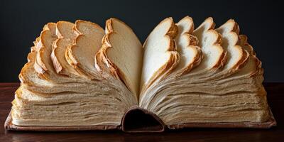 This creative book, made from arranged slices of bread, combines food, inspiring scripture, and stunning art, admired for its inventive design and cultural significance in the culinary world photo