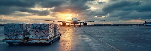 As the sun sets on the horizon, a cargo aircraft elegantly prepares for takeoff, representing the vital and dynamic aviation industry that supports global logistics and commerce across the world photo