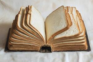 A creative culinary art piece features an open book made of arranged bread slices, blending intricate food art with scriptural themes, in a surreal kitchen that sparks the imagination photo