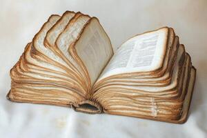 This is a unique and creative depiction of an open book that is made entirely from various types of bread slices, skillfully blending elements of food and scripture within a whimsical kitchen setting photo