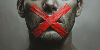 A striking and powerful depiction showcases the restriction of free speech, as red tape is visibly crossed over a mans mouth, symbolizing the systematic silencing of diverse voices within society photo