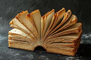 un extraordinario y único creación vitrinas un pan de un pan hábilmente conformado me gusta un abierto libro, sin problemas mezcla culinario Arte con Más adentro espiritualidad en un hermosamente atractivo cocina ajuste foto