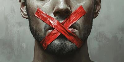 This illustration depicts the harsh restriction of free speech, with a mans mouth sealed by red tape, highlighting themes of censorship and enforced silence, reflecting societal issues photo