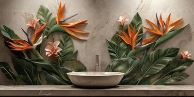 This is a breathtaking tropical wall design that features beautiful intricate floral motifs, along with a stylish sink, which is simply perfect for adding a touch of vintage charm to any space photo
