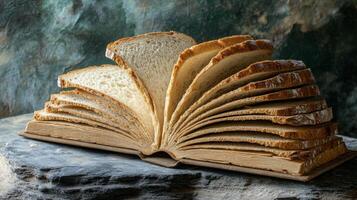 This visual of an open book made of freshly baked bread symbolizes lifes journey and deep spirituality, encapsulating the essence of biblical teachings and narratives that guide us photo