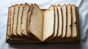 This imaginative artwork features a book made from bread slices, blending food, faith, and surrealism in a kitchen, prompting reflection on culinary artistrys connection to life and literature photo
