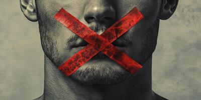 A man with red tape over his mouth symbolizes censorship, highlighting the limitations on free expression in a society where many voices are silenced by complex forces and influences photo