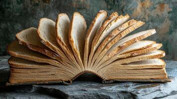 An imaginative and creative representation of an open book crafted entirely from delightful bread slices, seamlessly blending food with scripture in an enchanting and surreal kitchen environment photo