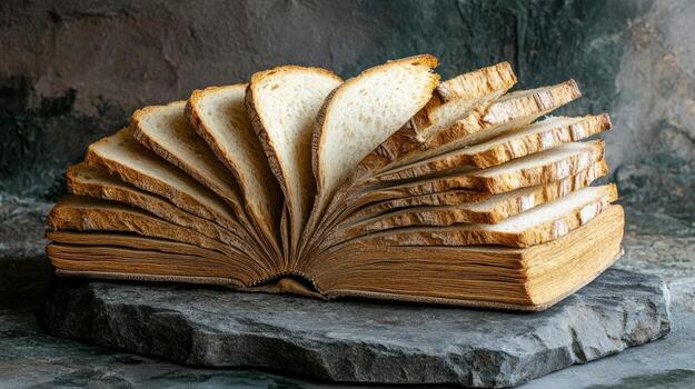 This artistic representation features an open book made of bread slices, merging culinary art with scripture symbolism in a stunning kitchen, showcasing creativity and visual delight photo