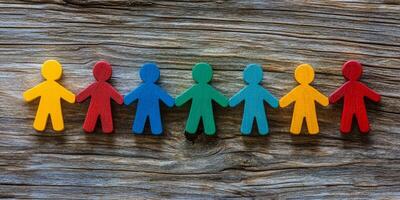 A display of carved wooden figures symbolizing unity, inclusion, and community, highlighting teamwork, togetherness, and enduring friendship among diverse individuals transcending differences photo