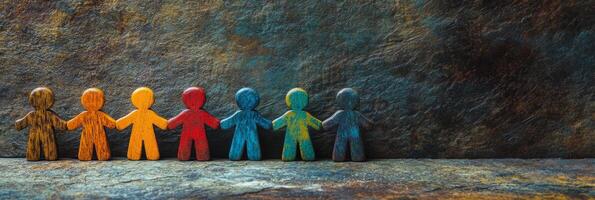 This vibrant image symbolizes diversity, showcasing colorful figures joyfully holding hands, creating a warm atmosphere of unity and harmony among individuals from various backgrounds photo