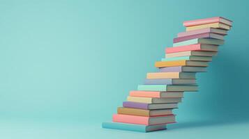 A vibrant stack of colorful books arranged in a curve against a soothing blue backdrop symbolizes dynamic progression and the limitless potential of creativity in learning and education photo