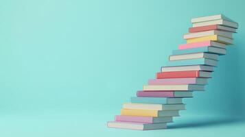 A striking stack of various books is arranged against a captivating blue backdrop, embodying the essence of learning and progression in an artistic design that inspires curiosity and innovation photo