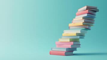 A visually striking and creatively arranged collection of colorful books, which beautifully represents the journey of learning and knowledge, placed against a smooth and calming blue background photo
