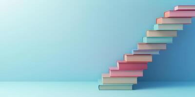 A vibrant display of colorful books arranged in a staircase formation symbolizes progression and continuous learning, set against a soft blue background that enhances their visibility and appeal photo