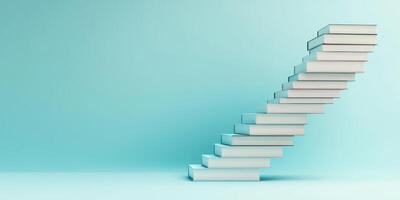 This artwork showcases a modern abstract design of a stacked book staircase, symbolizing the journey of learning, set against a vibrant blue backdrop that enhances its contemporary appeal photo