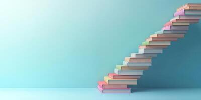 A colorful stack of books forms a staircase, symbolizing the journey of learning and growth, set against a soft blue backdrop that enhances the scene, creating a soothing and inspiring atmosphere photo