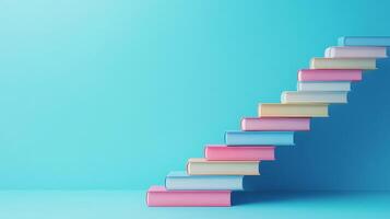 The image features a colorful collection of books arranged in a staircase formation, symbolizing the continuous growth and progression associated with learning and education throughout life photo