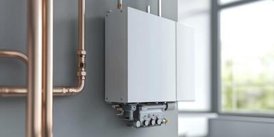 A contemporary tankless water heater, wallmounted and connected to copper piping, enhances the efficiency and functionality of modern utility rooms, making it a practical choice for homes photo