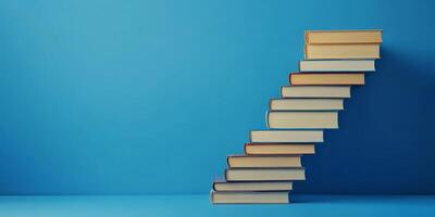 A colorful stack of creatively arranged books symbolizes an inspiring learning journey, set against a vibrant blue background, evoking elegance, motion, and motivation for growth in education photo