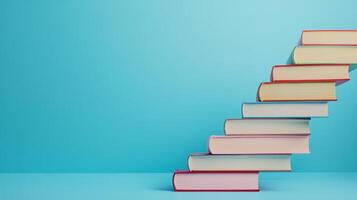 A visually striking arrangement of neatly stacked books that symbolize the concepts of progression and ongoing learning, all set against a smooth and calming blue backdrop that enhances the scene photo