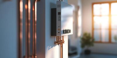 This modern tankless water heater is wallmounted and connects easily to durable copper pipes in a basement, ensuring a practical and stylish installation that complements your space photo