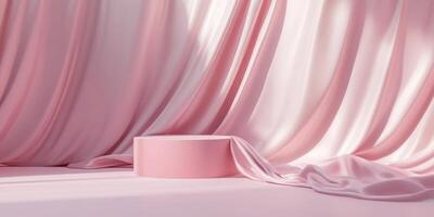A beautifully minimalistic backdrop made of soft pink fabric, complemented by a sleek podium, designed perfectly for showcasing luxury beauty products in an elegant and sophisticated setting photo