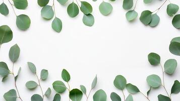 A serene eucalyptus branch on a minimalist background is perfect for showcasing premium cosmetics or designing an elegant card for any special occasion, making it a versatile creative choice photo