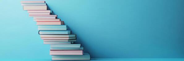 This artistic depiction features a curved stack of books on a vibrant blue backdrop, symbolizing the connection between knowledge and creativity, wrapped in a modern design aesthetic for inspiration photo