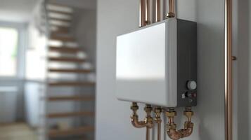A stylish, functional utility room with a tankless water heater and durable copper piping is perfect for contemporary homes, enhancing efficiency and elegant design in your living space photo
