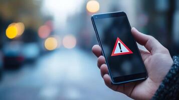 A smartphone prominently displays a warning symbol, which serves as an important signal to exercise caution regarding potential risks and dangers associated with financial matters and investments photo