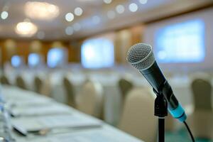 A closeup of a microphone at a conference table symbolizes vital global discussions on IT ethics, emphasizing the need for international cooperation and collaboration to tackle these challenges photo