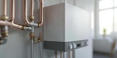 A modern tankless water heater is wallmounted and connected to copper pipes in a tidy utility room, highlighting innovations that improve home aesthetics, functionality, and comfort photo
