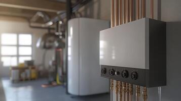 A tankless water heater is installed in a clean basement, featuring quality copper connections for efficient heating, enhancing home comfort and promoting sustainability in daily life photo