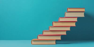 Books are arranged in a creative manner to form an aesthetically pleasing staircase, symbolizing the ongoing journey of learning and creativity, set in a vibrant and captivating blue backdrop photo