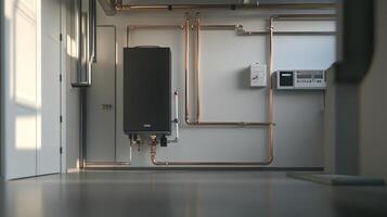 A modern, sleek tankless water heater has been expertly installed in a meticulously organized basement, featuring beautifully arranged copper piping that enhances both aesthetics and functionality photo