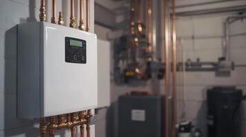A sleek, efficient tankless water heater is mounted on the wall, connected to organized copper pipes in a tidy basement utility room, showcasing advanced modern installation techniques photo