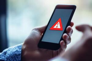 A smartphone shows a caution sign advising users about the risks of investing. It stresses the need for caution in financial decisions to avoid negative outcomes from hasty choices photo