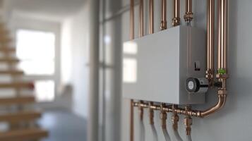 A sleek, modern tankless water heater mounted on a wall, connected to copper pipes in a clean utility room, enhancing energy efficiency and saving space photo