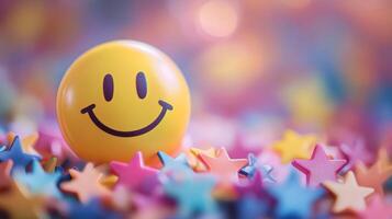 A cheerful smiley face surrounded by colorful stars symbolizes joy, satisfaction, and success in consumer service and personal growth, fostering positivity and inspiration for all involved photo