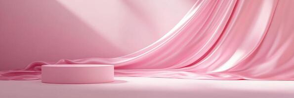 This minimalistic 3D background features luxurious pink drapes and a refined pedestal, providing an ideal setting to elegantly display beauty products and captivate attention effortlessly photo