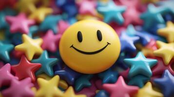 A joyful smiley face radiates boundless positivity and happiness, surrounded by colorful stars that symbolize the joy and fulfilling experiences we encounter in both life and business endeavors photo