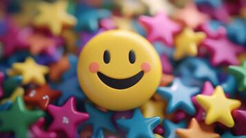 A cheerful smiley face with colorful stars symbolizes happiness and reflects high consumer satisfaction, showcasing positive feedback and the joy of clients across various platforms photo