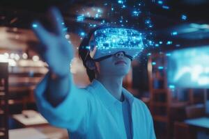 A dedicated student actively engages with virtual reality and AI technologies, exploring immersive learning environments enhanced by machine learning and innovative holograms for a richer education photo