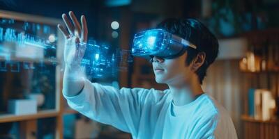 A dedicated student explores advanced AI technology with a VR headset, engaging with blue holograms that enhance their educational experience in a modern classroom with innovative resources photo