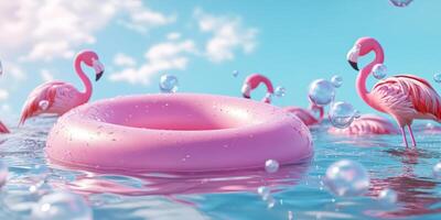A vibrant 3D summer scene capturing the essence of fun with an inflatable ring, pink flamingos, beach balls, and cheerful bubbles in a sunny ocean, ideal for relaxation and recreation photo