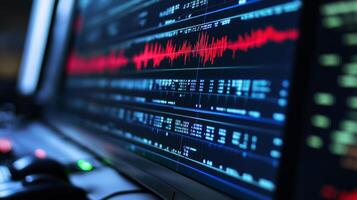 This image shows a closeup of a seismograph displaying realtime earthquake data, with vivid red and blue wave patterns for enhanced clarity and detail for analysis and understanding photo